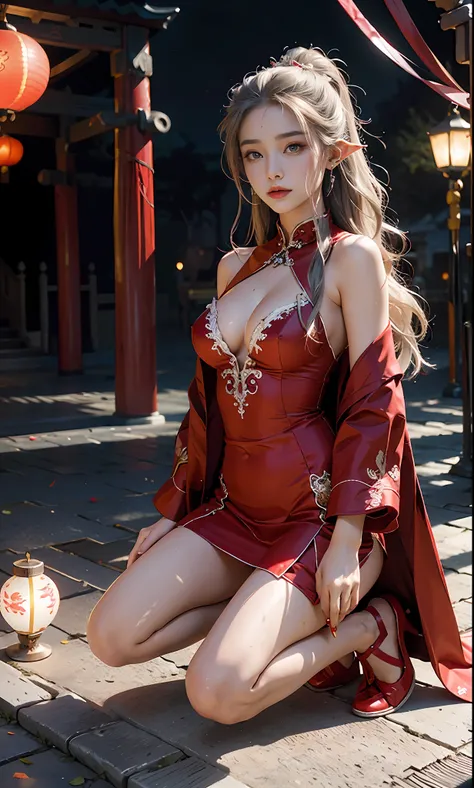 （Redcoat：1 silver-haired girl, Kneeling pose）， tmasterpiece， best qualtiy， RAW photogr， realisticlying， the face， Incredibly Ridiculous res， Beautiful elf beauty， ear studs，Get wet all over， (Long silver hair)， (Red wedding dress+)，Chinese silk long dress，...