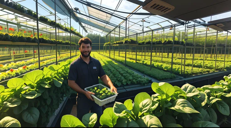 there is a man that is picking fruits, hydroponic farms, snapchat photo, by John Luke, vertical vegetable gardens, tall farmer, lettuce, vine, all growing inside an enormous, in full growth, gardening, very highly detailed, ultra 4k, dlsr shot, realistic p...