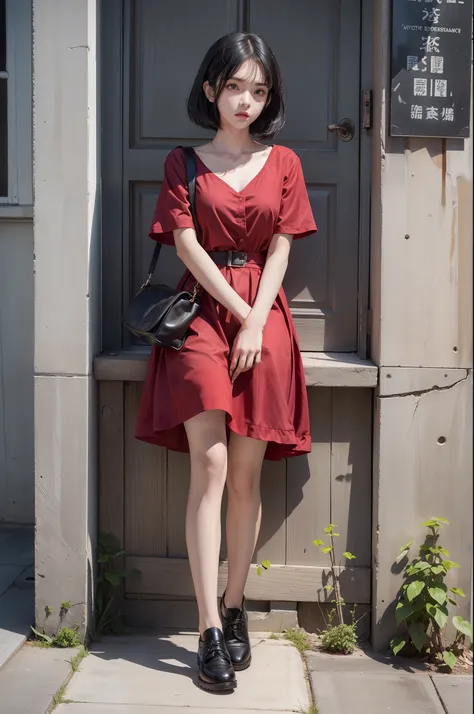 1girll，18 years old，（（full-body view）），（Black short sleeves），（（short red dress）），Long legs are exposed， (详细的脸)，beauitful face，with short black hair，AJ shoes。