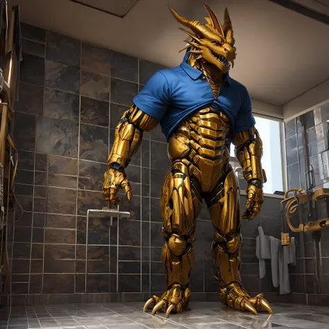 Humanoid golden mechanical dragon，Wears blue short sleeves，Standing on the tiled floor of the apartment。high-definition image，Rich and realistic in detail，high qulity。Extremely detailed CG