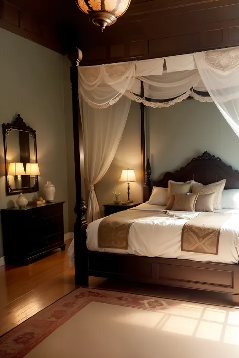 Masterpiece, high quality, best quality, authentic, super detail, Indochine interior style is a captivating blend of Southeast Asian elegance and colonial charm, creating a tranquil and sophisticated atmosphere within a bedroom. This style is characterized...