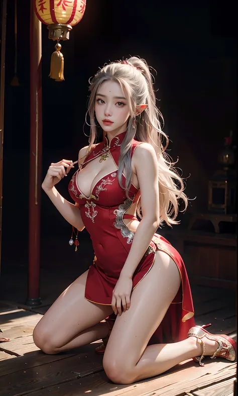 （Redcoat：1 silver-haired girl, Kneeling pose）， tmasterpiece， best qualtiy， RAW photogr， realisticlying， the face， Incredibly Ridiculous res， Beautiful elf beauty， ear studs，Get wet all over， (Long silver hair)， (Red wedding dress+)，Chinese silk long dress，...