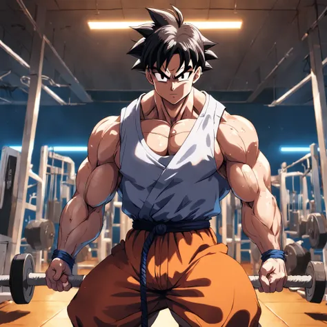 a detailed illustration Mr... Popo, Dragon ball z, in gym clothes training intensely in a bodybuilding gym, corpo inteiro