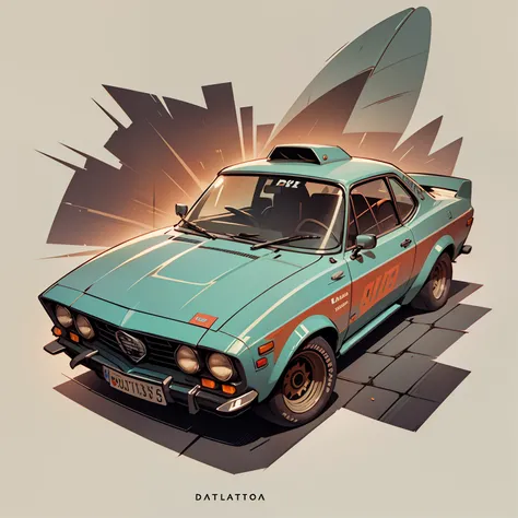 carro Datsun 180-j 1975 cor laranja, com prancha de surf no topo, Highly detailed illustration.", Vehicle illustration, Cartoon style illustration, estilo dos desenhos animados, hd illustration, Ultra-detailed illustration, vector illustration, Hiper real ...