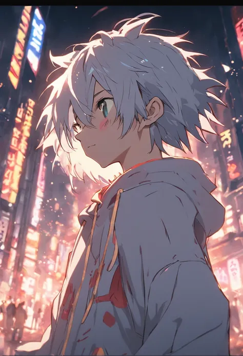 Gray-haired Japanese anime youth,Wearing VR glasses,, White hoodie, White shorts, No tattoos, No beard,16 yaers old,Wearing white VR glasses