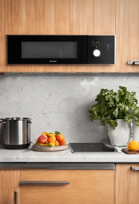 Un primer plano de un horno de microondas moderno con un plato de comida humeante en su interior.