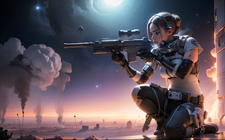 space girl with gun fighting wars, space battle war, fighting bad guys crouched down athletic shooting position, space station, smoke, gunfire, three armed enemy, two space suit bystanders, 64k resolution hyperdetailed, photorealistic, in the style of Robe...