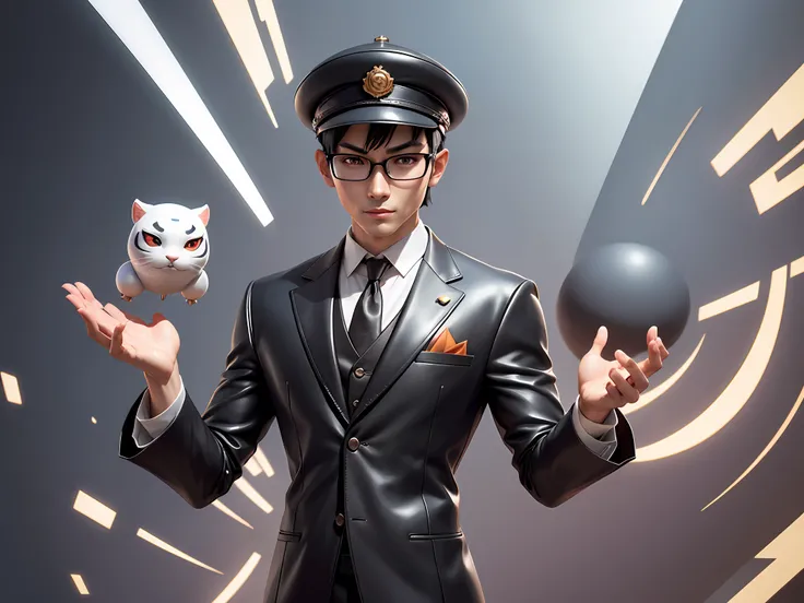 Young man with oriental face in leather hat, tiger, oriental face in formal suit, short black hair, silver glasses, digital painting, 3D character design by Mark Clairedon and Pixar and Hayao Miyazaki and Akira Toriyama, the illustration is a high-definiti...