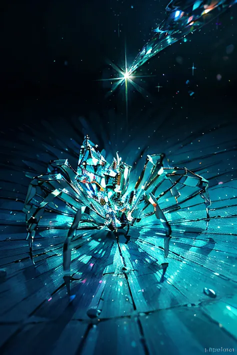 Imagine uma aranha monstruosa feita inteiramente de diamantes brilhantes, com um cristalino, Translucent body that captures and reflects light in a dazzling way. Seu longo, Sharp legs are precisely cut and polished to shine like beams of prismatic light. S...