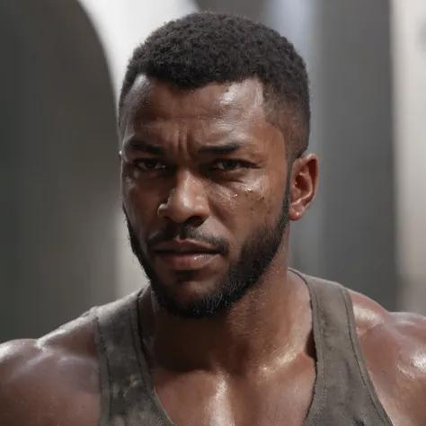 (Professional 3D rendering:1.3) de (Realistic:1.3) foto de arte mais bonita do mundo，soft features, brilliant male heroes, ((Epic hero rough fantasy muscular black man wet hero angry look short hair sawn beard and fierce expression in dynamic pose, fantast...