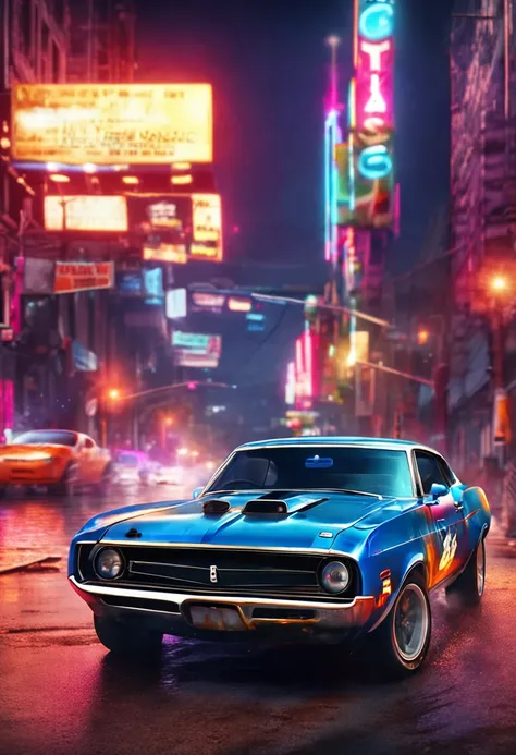 a painting of a boss muscle car,  (masterpiece, best quality), particle effects, epic explosion background, vivid, hdr, night time, very detailed, (cell shaded:1.2), ray tracing, it doesnt matter if its an inch or a quarter mile