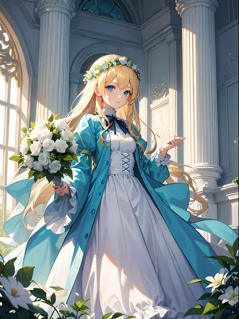 a girl with blonde hair and blue eyes [+white dress] [+flower wreath] (a castle, a forest), [creative and fantasy]:1.4, [creative and dynamic angles]:1.3, [interactive scenario/+naturalness/+delicate]