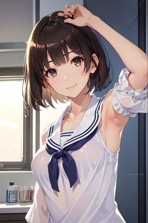 (masterpiece:1.6, best quality), (finely detailed beautiful eyes: 1.2), ph_katou, katouhdshort, 1girl, phground, , solo, brown hair, brown eyes, short hair, bangs, smile, collarbone, sailor collar, indoors, closed mouth, ribbon, (masterpiece), (best qualit...