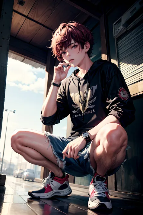 A masterpiece, best quality, official art, very detailed, image, 1 boy, trendy clothes, watch, sneakers, squat down, hands hanging naturally, colored hair