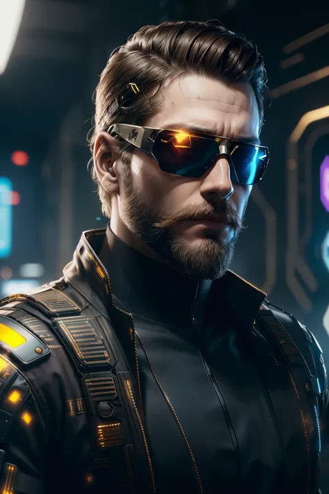 Man ((half body)) perfect skin, hyperrealistic masterpiece, in extremely complex & superdetailed futuristic sci-fi combat golden and white soldier uniform, cinematic illumination: 8k, (((wearing cyberpunk sunglasses)), realistic, sharp focus, HD, highly de...