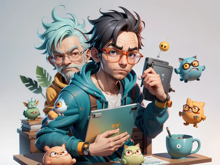 A young man with glasses sits at his desk，holding laptop，digitial painting，3D character design by Mark Clairen and Pixar and Hayao Miyazaki and Akira Toriyama，4K HD illustration，Very detailed facial features and cartoon-style visuals。