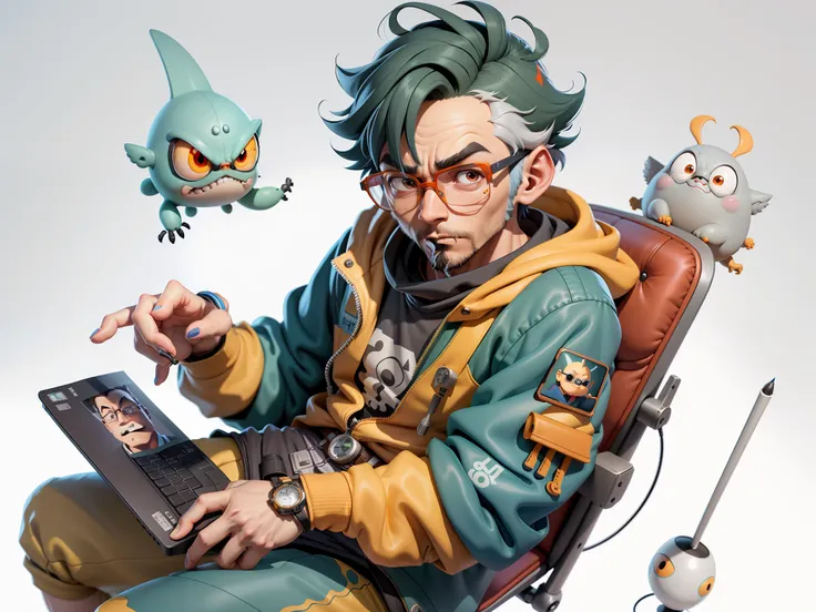 A young man with glasses sits at his desk，holding laptop，digitial painting，3D character design by Mark Clairen and Pixar and Hayao Miyazaki and Akira Toriyama，4K HD illustration，Very detailed facial features and cartoon-style visuals。