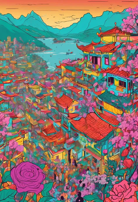 Illustration of colorful cyberpunk flower city of Tam Dao in Viet Nam,Nostalgic and avant-garde、 Sakura blizzard、lots of flower、Vivid rainbow, A small dove and a small seagull are flying, colorful city, Brightly colored buildings,Shimmering gold and silver...