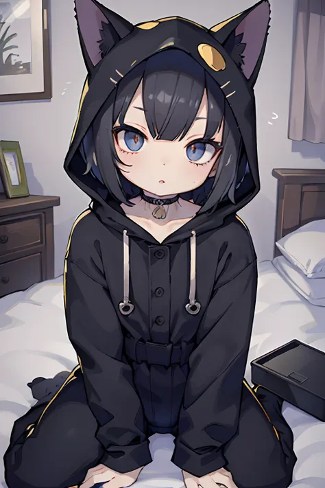 (Masterpiece, Best quality, ultra high resolution),1girl,black hair,short hair,beautiful and detailed face, detailed eyes,in a bedroom,black cat jumpsuit pajamas, cat hood, star print pajamas