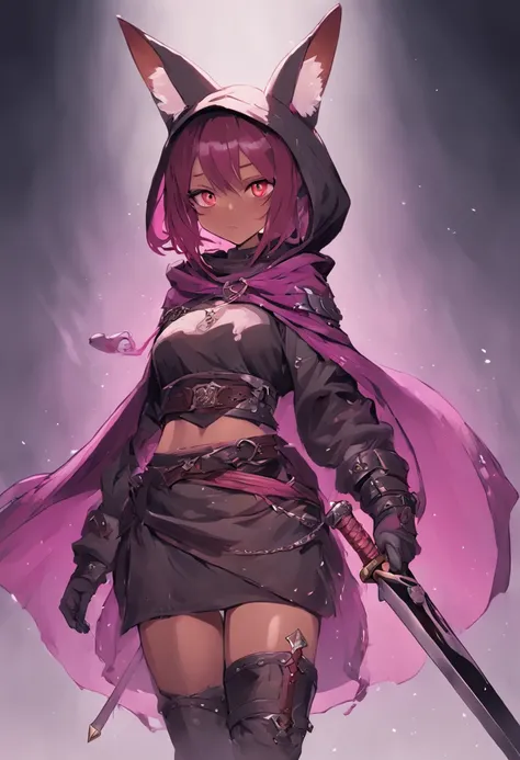 Brown-skinned girl. Her figure, Busty, Curvy, The right direction, Bunny ears, Cat tail, Magenta hair color, Deep magenta eyes, Brown skin, Sword in hand, A large ragged cloth like a cloak was wrapped around the waist, chest plate, long gloves, Black long-...