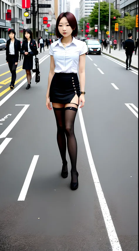 woman，校服，black pantyhoses，short  skirt，Wait on the street