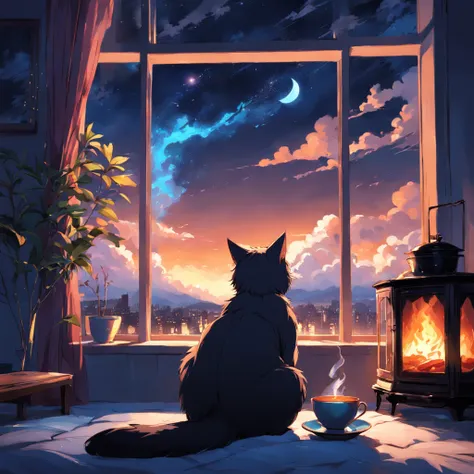 fireplace at the end of the night, cat sleeping, cup of tea with steam, window with beautiful landscape