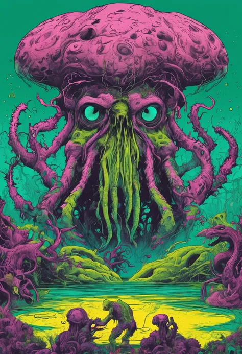 Under the shroud of nuclear contamination, Marine life around the world began to mutate, Transform into a monster form. The entire picture is covered in fluorescent green tones, Symbolizes nuclear radiation. Light shines down from the surface of the water,...