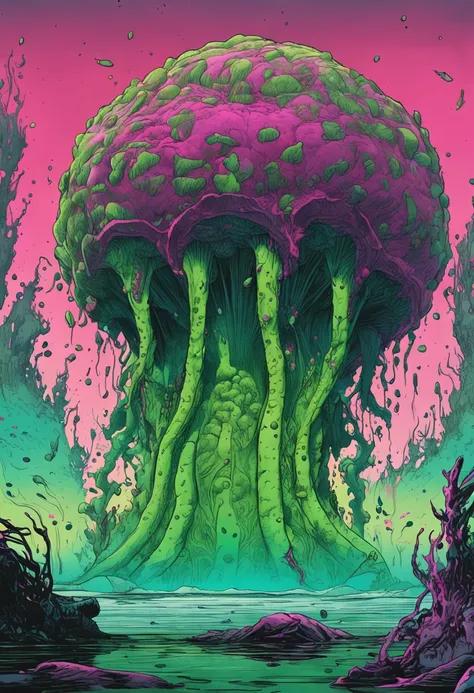 Under the shroud of nuclear contamination, Marine life around the world began to mutate, Transform into a monster form. The entire picture is covered in fluorescent green tones, Symbolizes nuclear radiation. Light shines down from the surface of the water,...