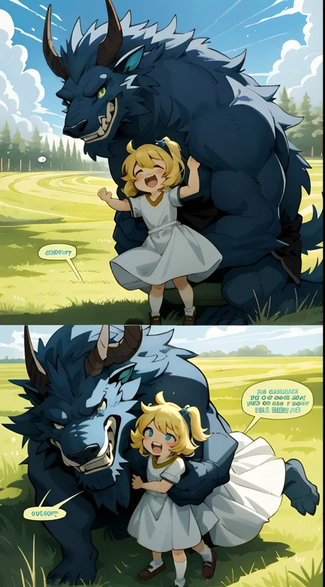 top quality, best quality, highres, masterpiece, super high resolution, detailed background, grass field, under refreshing blue sky, height difference, large beast, smile, hugs girl((movie of a beast and human child girl))girl hugs beast, dress skirt, smil...