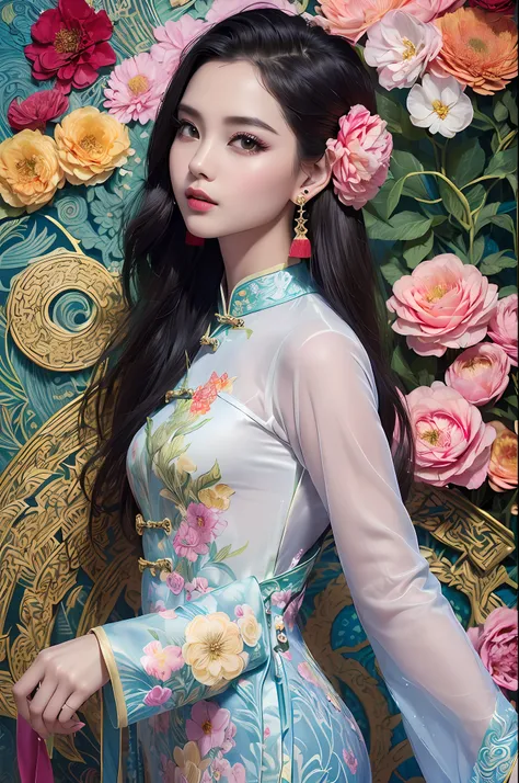 (Masterpiece, Top quality, Best quality, offcial art, Beautiful and aesthetic:1.2), (a beautiful girl in vintage aodai:1.3), Extremely detailed,(Fractal art:1.1),(Colorful:1.1)(Flowers:1.3),highest details,(zentangle:1.2), (Dynamic pose), (abstract backgro...