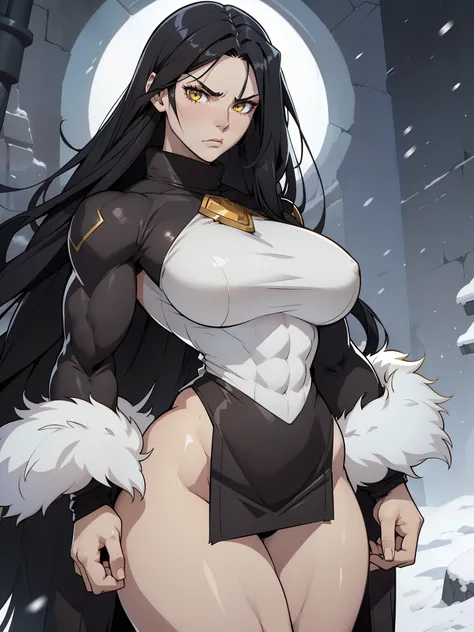 (1girl), black hair, extremely long hair, yellow eyes, (((muscular))), huge breasts, thick thighs, solo, angry, (pale skin), cowboy shot, (fur trim coat), snow, fur trim clothes