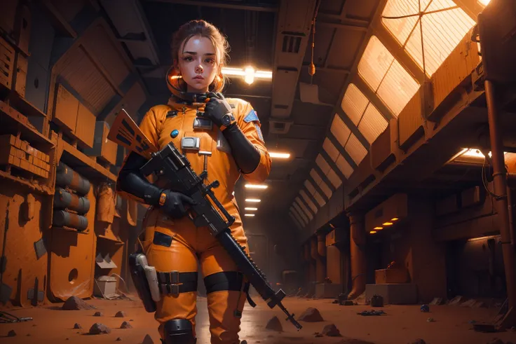 space girl in orange space suit, reloading after killing a space dragon, on a near lifeless alien desert planet.