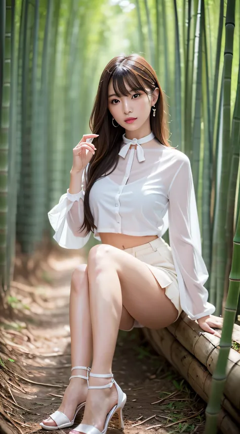 (Best Quality, 8K, masutepiece, Ultra HD: 1.3), 1girl in, mideum breasts ,light brown hair, Blunt bangs, hair behind ear, hair over shoulder, Long hair,  slender body shape, Ultra Fine Face, Delicate lips, Beautiful eyes, Double eyelids, lipsticks, thin bl...