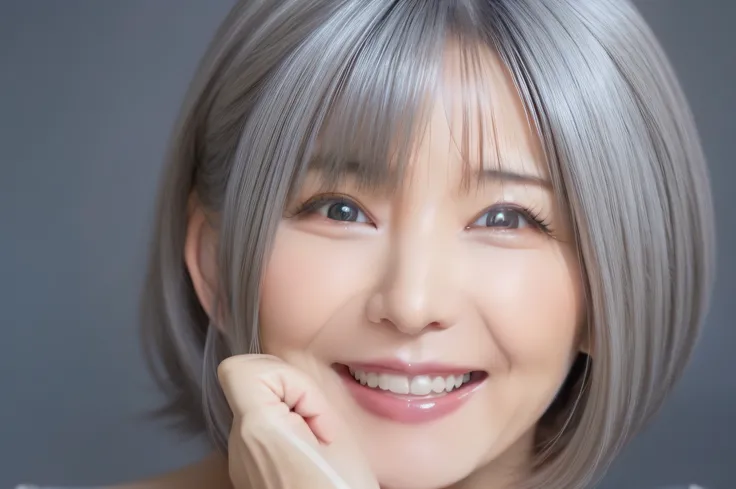 Beautiful gorgeous middle aged elderly model woman in her 50s with gray hair laughing and smiling。Close up portrait of mature old woman。The beauty of healthy facial skin care, Skin Care Cosmetics。White background。dental。