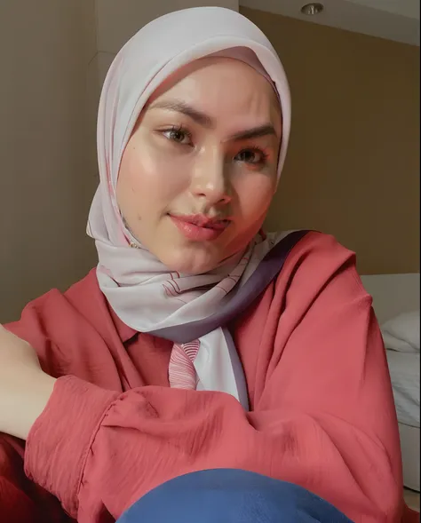 there is a woman sitting on a bed with a pink shirt and a scarf, faridah malik, taken at golden hour, inspired by JoWOnder, inspired by Nazmi Ziya Guran, mid shot portrait, medium shot portrait, hijab, inspired by Naza, inspired by Mym Tuma, inspired by Sh...