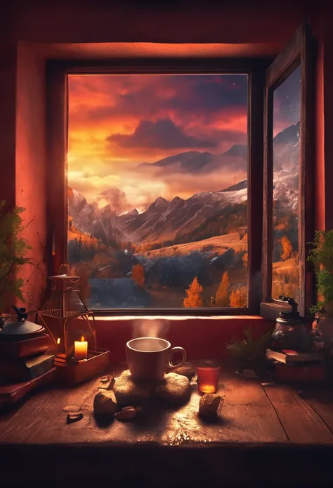 fireplace at the end of the night , cup of tea with steam, window with beautiful landscape