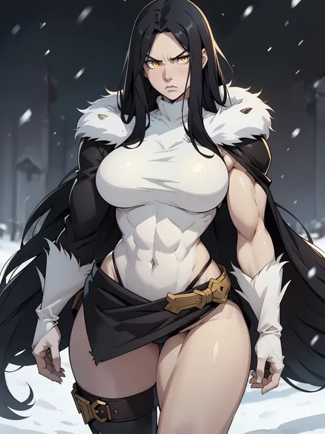 (1girl), black hair, extremely long hair, yellow eyes, (((muscular))), huge breasts, thick thighs, solo, angry, (pale skin), cowboy shot, (fur trim coat), snow