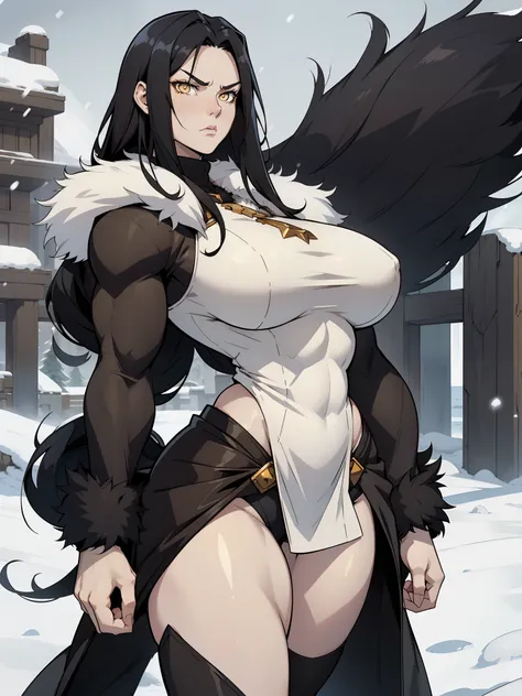 (1girl), black hair, extremely long hair, yellow eyes, (((muscular))), huge breasts, thick thighs, solo, angry, (pale skin), cowboy shot, (fur trim coat), snow