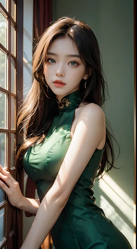 best qualtiy，tmasterpiece，超高分辨率（realness：1.1）。one-girl，She has emerald green eyes，Bare shoulders。High neck silk dress，The movie version of the warm light illuminates the bright room，modernn architecture，As well as beautiful backgrounds