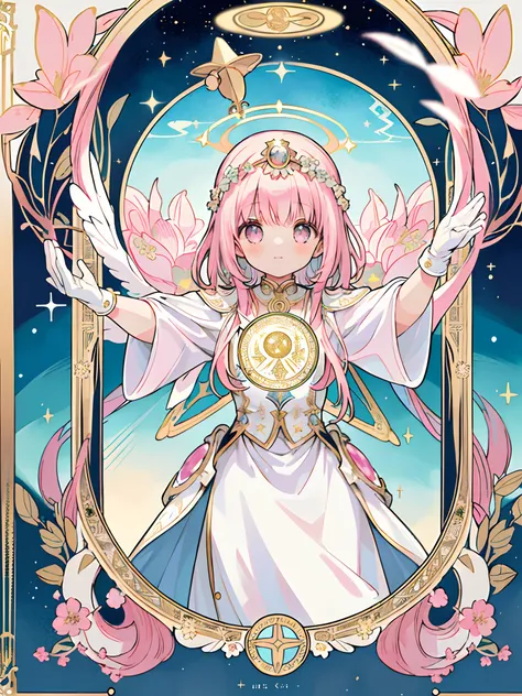 ((masterpiece,best quality)),(1girl, solo:1.4),beautiful detailed eyes, vivid, cinematic light, full_body, pink_flowers, (tarot_card), intricate, detailed background, looking_at_viewer, Madoka Kaname, hands reaching out, (flat chest), (walking), casual pos...