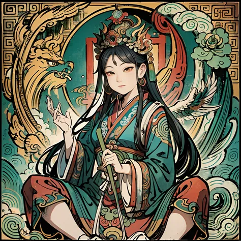 an ancient Chinese goddess, guanyin of the southern seas, Guanyin, Inspired by India, Avalokiteshvara rides a phoenix，,Serene expression,shui mo hua,Buddha,Buddhist,Lotus,Chinese painting style,Thangka style