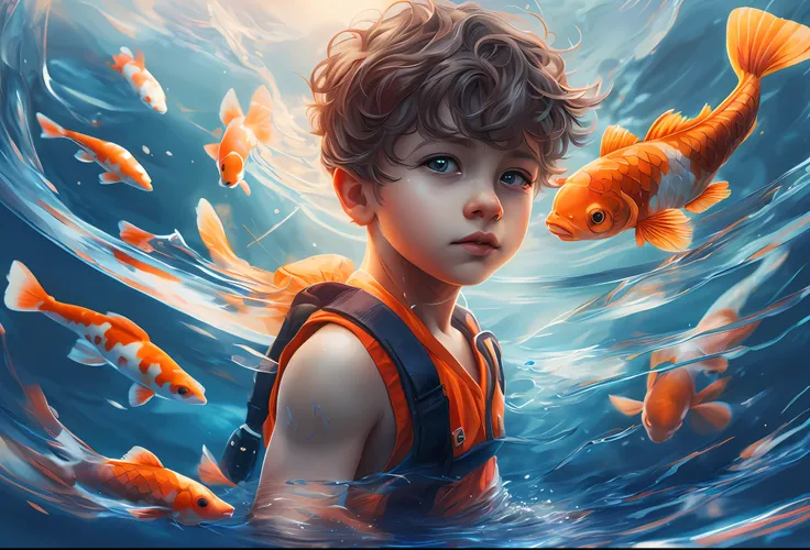 There was a little boy and a fish standing in the water, childrens art in artstation, stunning digital illustration, lovely digital painting, Beautiful digital artwork, cyril rolando and goro fujita, Inspired by Cyril Rolando, Beautiful digital illustratio...