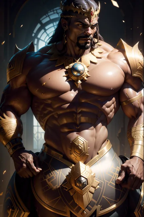 8k portrait of Ronnie coleman muscular, wearing a crown on his head, wakanda background, intricate, elegant, highly detailed, majestic, digital photography, art by artgerm and ruan jia and greg rutkowski, black eyes, (detailed eyes) broken glass (masterpie...