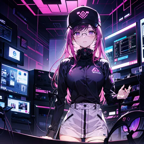 A hacker talking about cybersecurity, emosional, a young woman, 23 years old, glasses, purple eyes, in front of servers, revenge, god light, purple and pink lights, stunning arts, black hat, revenge, cyber wars, watch dogs, hacking.