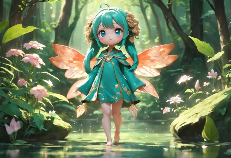 Super Cute Girl Full Body 3D Artwork, Front view, Side view, Back view, forest fae, doll, concept-art, t pose, Reference Sheet, popmart blind box, by Pixar, Long hair, Green watery - eyes, Flower Embellishment, Rattan decoration, Luxury goods, intricate-de...