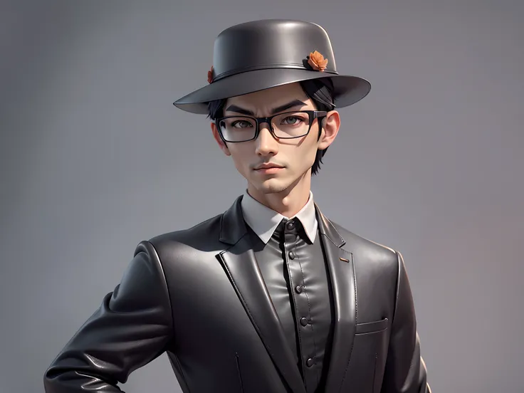 Young man with oriental face in leather hat, tiger, oriental face in formal suit, short black hair, silver glasses, digital painting, 3D character design by Mark Clairedon and Pixar and Hayao Miyazaki and Akira Toriyama, the illustration is a high-definiti...