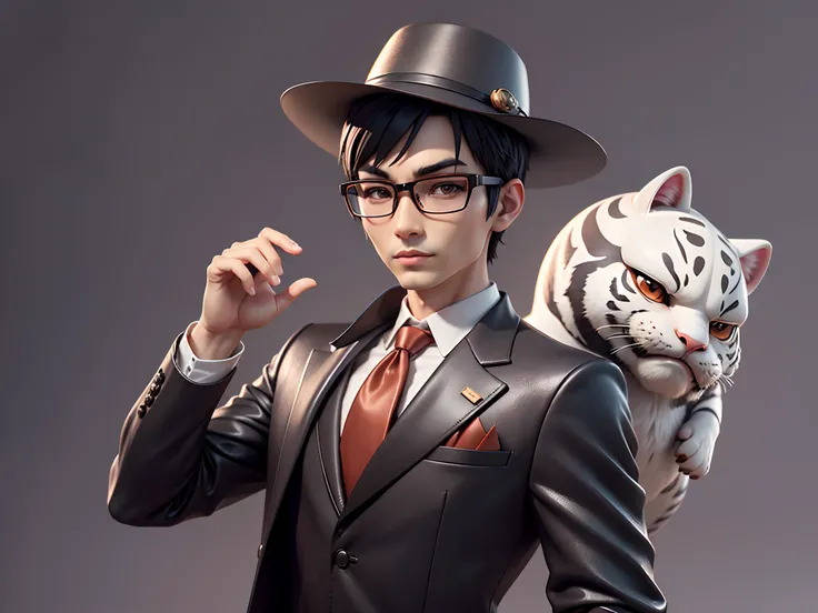 Young man with oriental face in leather hat, tiger, oriental face in formal suit, short black hair, silver glasses, digital painting, 3D character design by Mark Clairedon and Pixar and Hayao Miyazaki and Akira Toriyama, the illustration is a high-definiti...