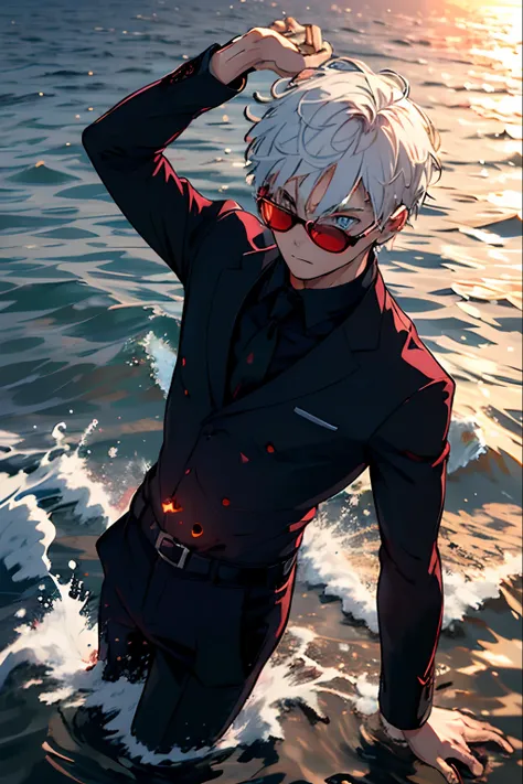 Dynamic pose, dynamic angle,from afar,((night)), beach, calm water without waves,boy at the waters edge,boy looking out to sea,arms outstretched towards the sea,messy spiky white hair, light blue eyes, purplish black suit, no tie, purplish black shirt, pur...