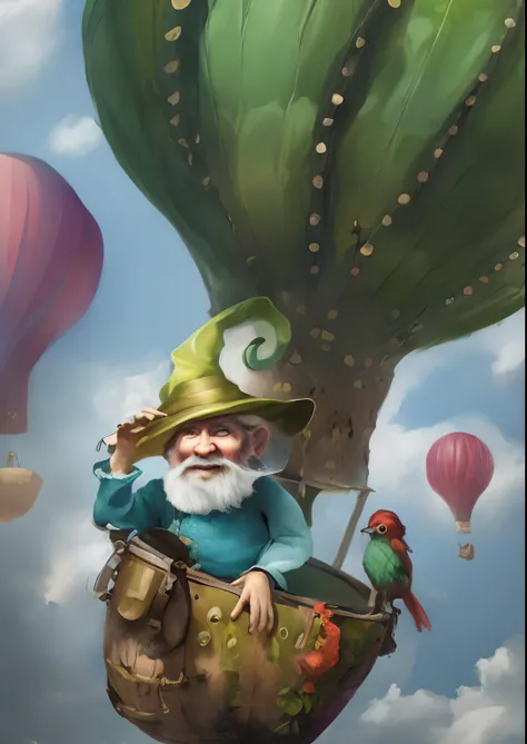 painting of a gnome mounted on a hot air balloon with a bird on the handle, gnomo ilusionista, Retrato de um gnomo chamado Eldon, inspirado em Esao Andrews, arte caprichosa, inspirado no ESAO, Um gnomo alquimista, inspirado em Jodorowsky, science fantasy p...