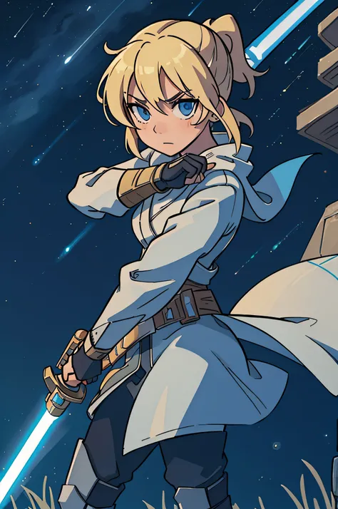 "A blonde Jedi warrior wielding a lightsaber in the dark night, searching for the starry sky."